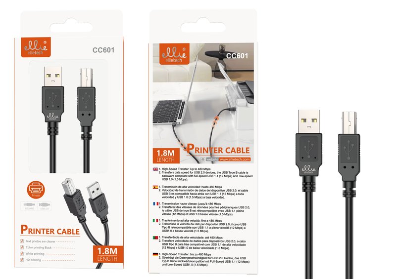 Ellietech CC601 Cable de Impresora USB Tipo-B 1.8M