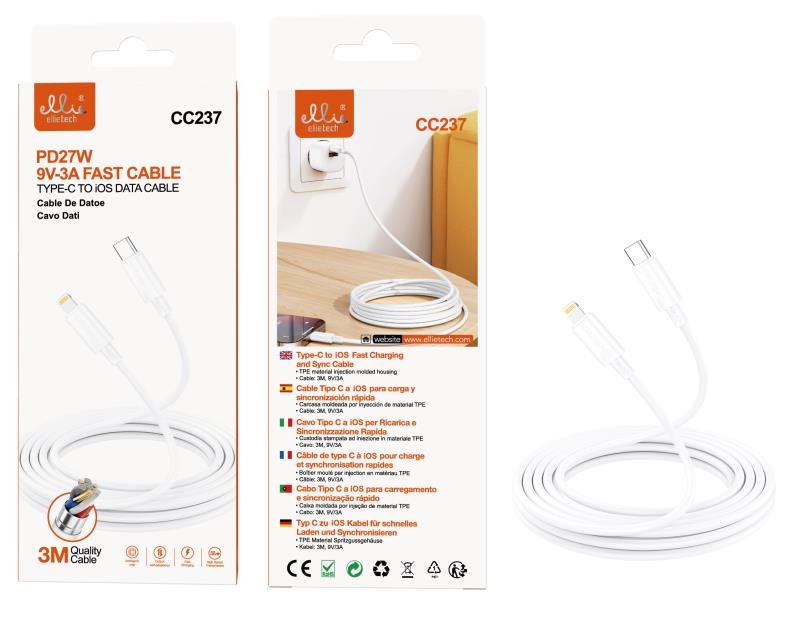 Ellietech CC237 Cable de Dato Tipo-C a iOS Lightning Carga Rápida 3M PD27W