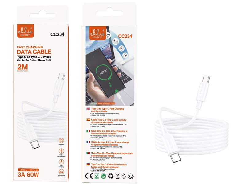 Ellietech CC234 Cable de Dato Tipo-C a Tipo-C Carga Rápida 2M 60W