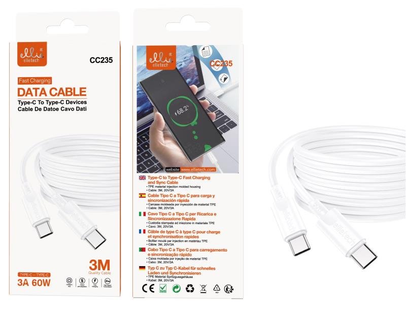 Ellietech CC235 Cable de Dato Tipo-C a Tipo-C Carga Rápida 3M 60W