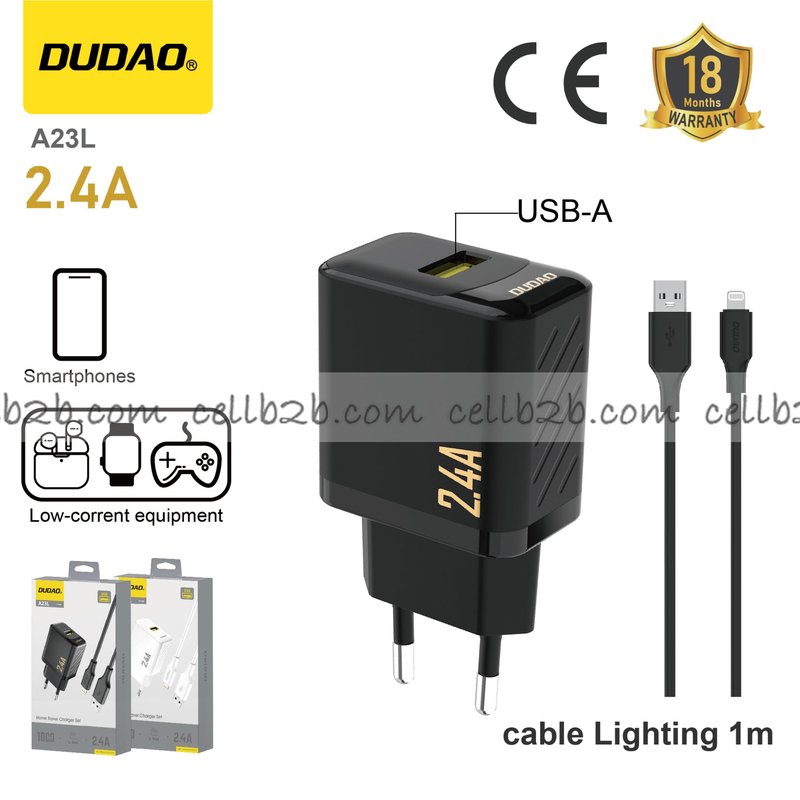 *Cargador USB 12 W con cable USB to Lightning,  2,4 A,  negro– DUDAO A23L