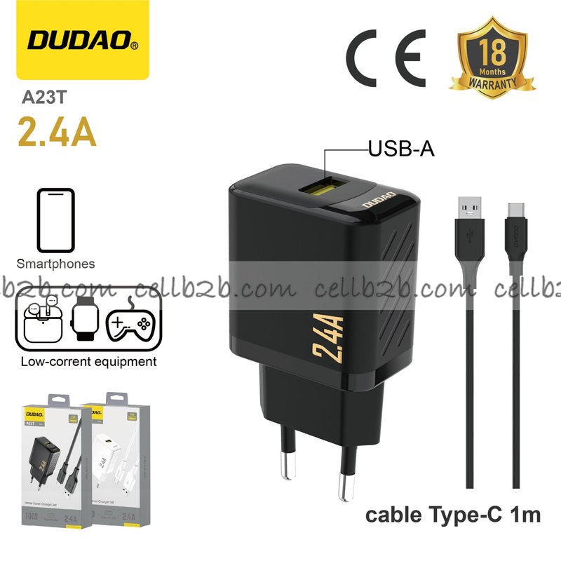 *Cargador USB 12 W con cable USB to Type-C,  2,4 A,  negro– DUDAO A23T