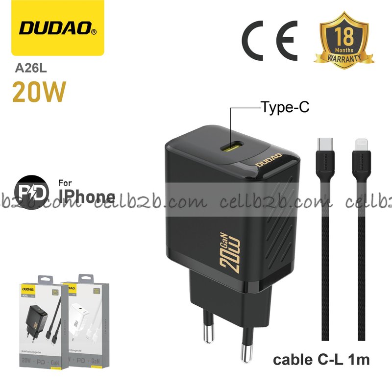 *Cargador PD 20 W con cable Type-C to Lightning para Apple, negro – DUDAO A26L