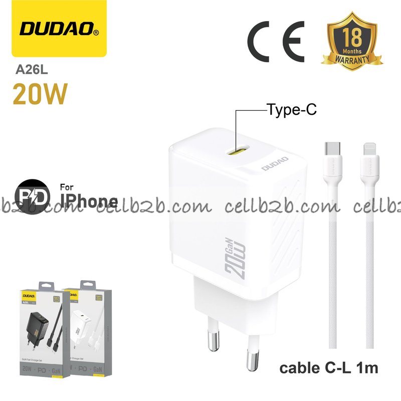 *Cargador PD 20 W con cable Type-C to Lightning para Apple, blanco – DUDAO A26L