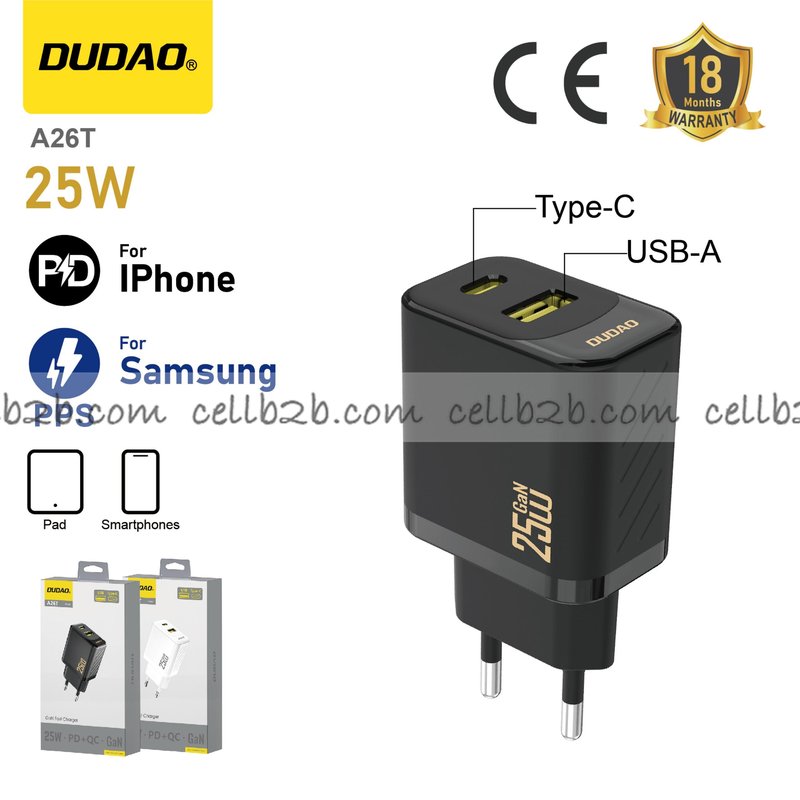 *Cargador USB + Type-C 25 W de doble puerto, compatible con Samsung PPS y Apple PD, negro – DUDAO A26T