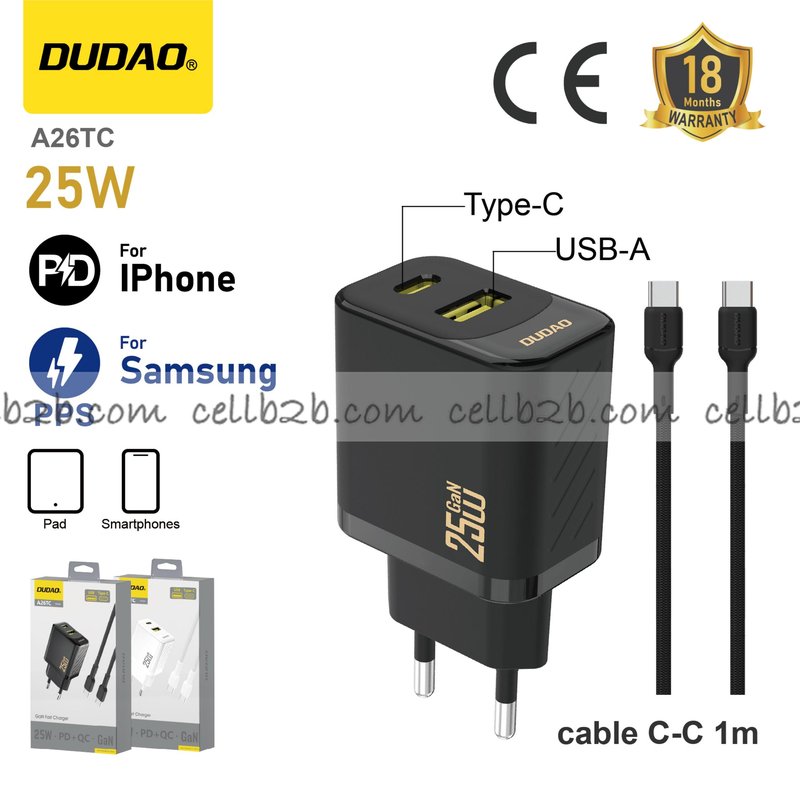 *Cargador USB + Type-C 25 W con cable C-C, compatible con Samsung PPS y Apple PD, negro – DUDAO A26TC