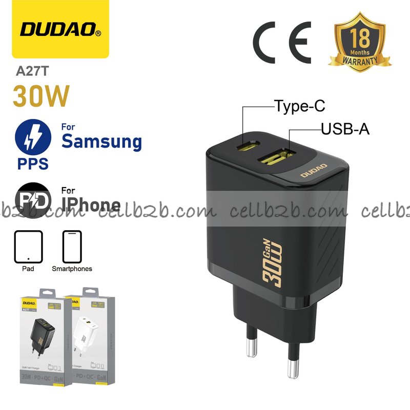 *Cargador USB + Type-C 30 W 2 puertos, compatible con Apple PD y Samsung PPS, negro – DUDAO A27T