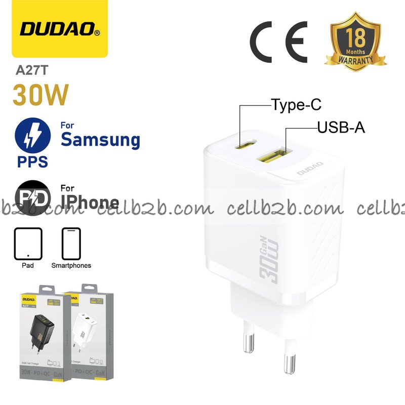 *Cargador USB + Type-C 30 W 2 puertos, compatible con Apple PD y Samsung PPS, blanco – DUDAO A27T