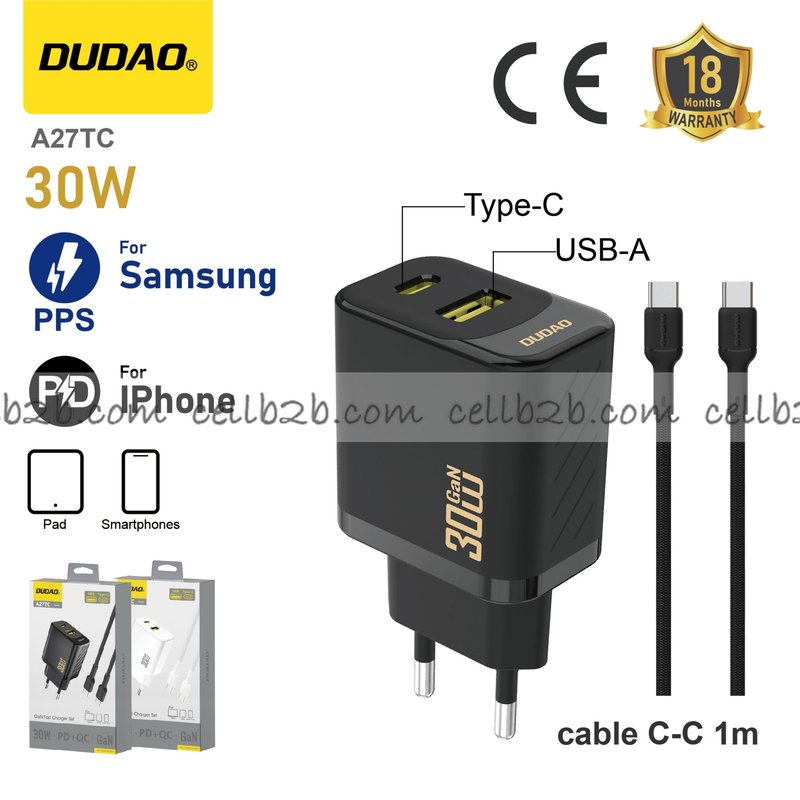 *Cargador USB + Type-C 30 W con cable  C--C, compatible con Apple PD y Samsung PPS, negro – DUDAO A27TC