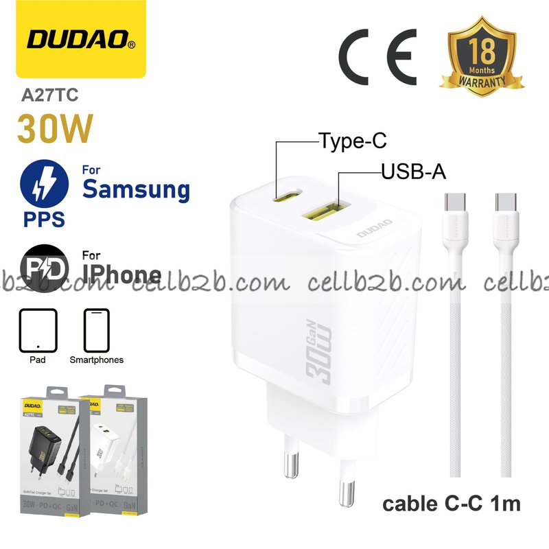 *Cargador USB + Type-C 30 W con cable  C--C, compatible con Apple PD y Samsung PPS, blanco – DUDAO A27TC