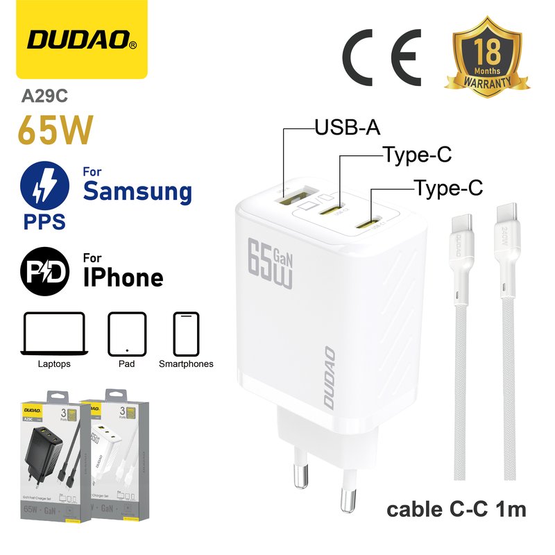 *Cargador GaN 65W USB-C+USB-A con Cable USB-C a USB-C 120W (24 Hilos), Blanco - DUDAO A29C