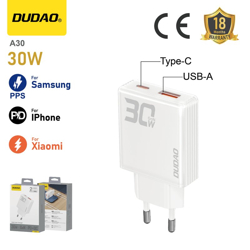 *Cargador Gan 30W USB-C+USB-A Blanco, Diseño Semitransparente Tipo Cristal, Enchufe Europeo - DUDAO A30