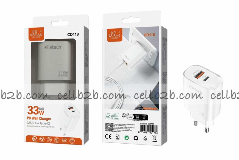 Ellietech CD118 Cargador de Entrada Tipo C Y USB A PD 33W