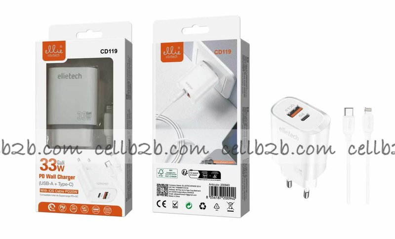 Ellietech CD119 Cargador de Entrada Tipo C Y USB A con cable Carga Rápida PD 33W para iOS Lightning