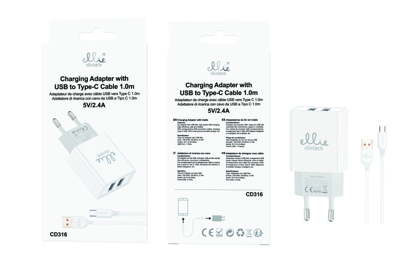 Ellietech CD316 Cargador de 2 USB con Cable a Tipo C 5V/2.4A 1M