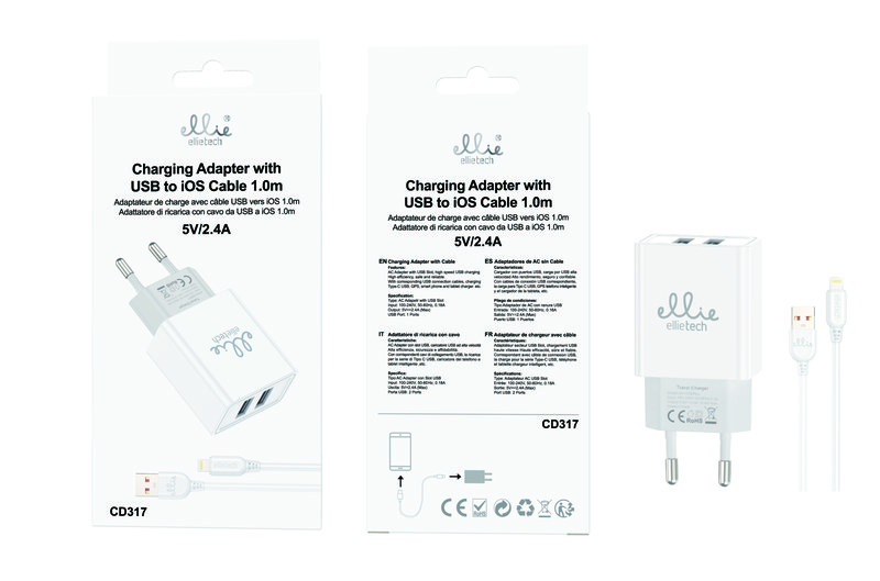 Ellietech CD317 Cargador de 2 USB con Cable a Lightning para iOS 5V/2.4A 1M