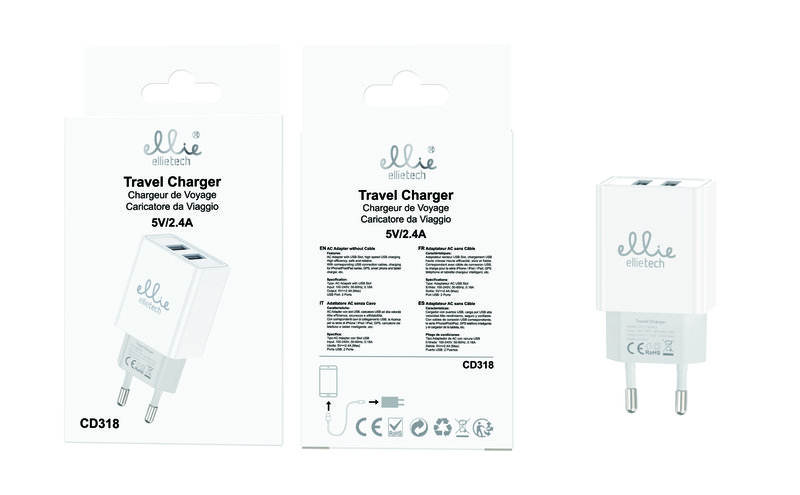 Ellietech CD318 Adaptador de Viaje con 2 USB 5V/2.4A sin Cable