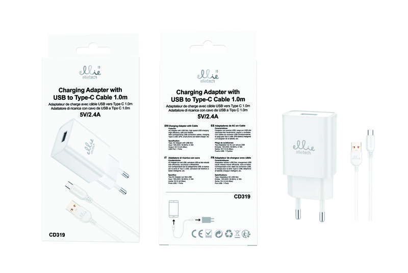 Ellietech CD319 Cargador de Casa con Cable Tipo C 5V/2.4A 1M