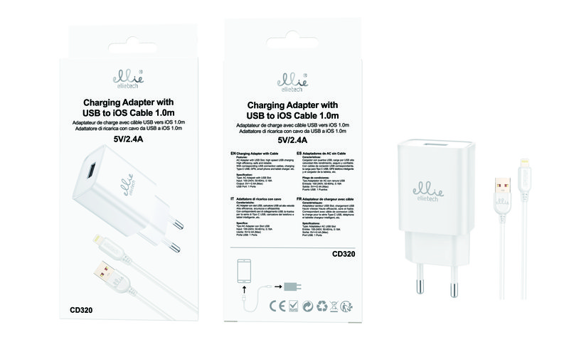 Ellietech CD320 Cargador de Casa con Cable Lightning para iOS 5V/2.4A 1M