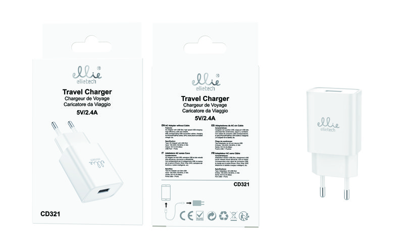 Ellietech CD321 Cargador de Casa con Entrada USB 5V/2.4A sin Cable