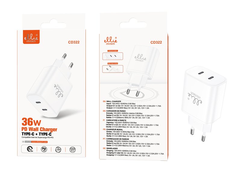Ellietech CD322 Cargador Tipo C + Tipo C PD 36W sin Cable