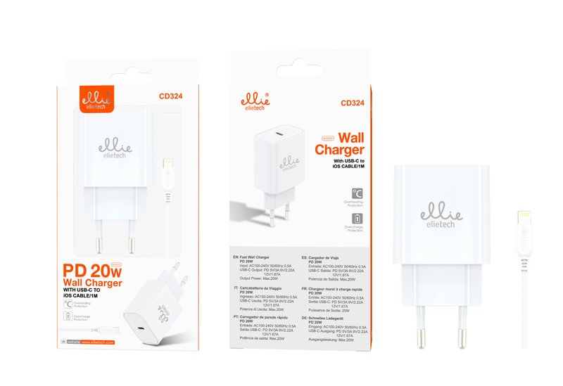 Ellietech CD324 Cargador Tipo C con Cable Lightning PD 20W