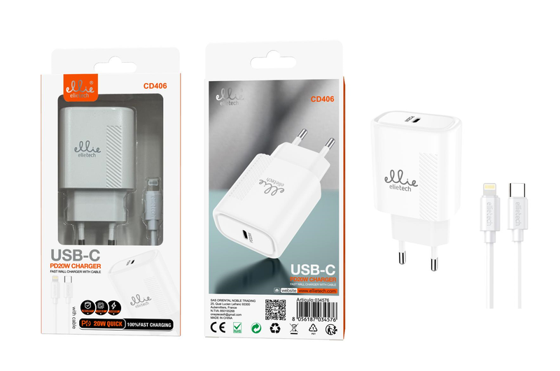 Ellietech CD406 Cargador de Entrada Tipo C con cable para iPhone Carga Rápida PD 20W