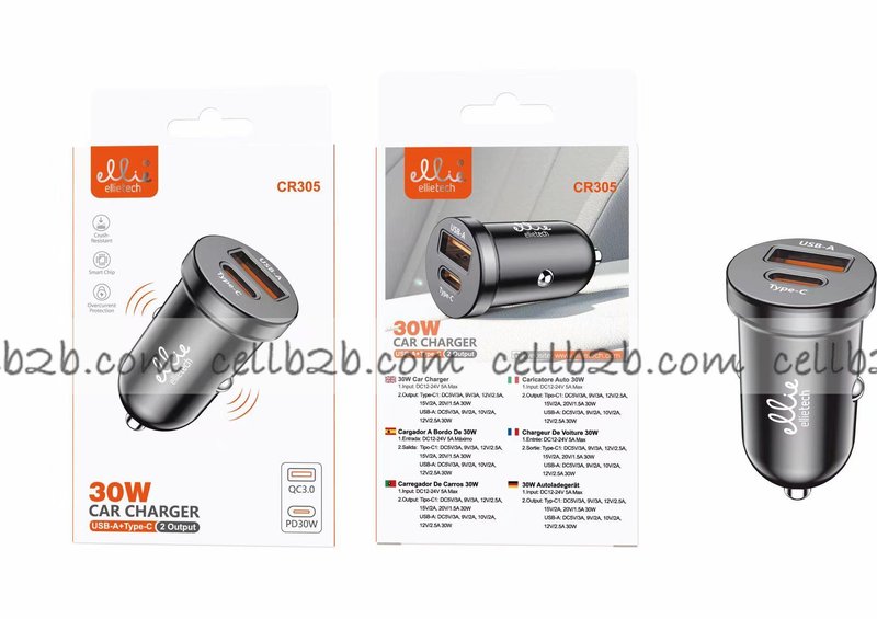 Ellietech CR305 Cargador de Coche con 2 Puertos USB A + Tipo C 30W sin Cable