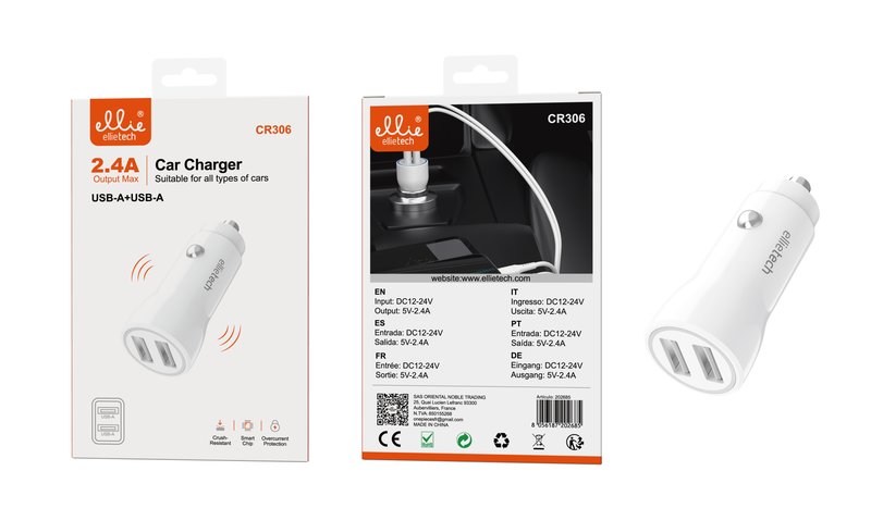 Ellietech CR306 Cargador de Coche con 2 Puertos de USB-A