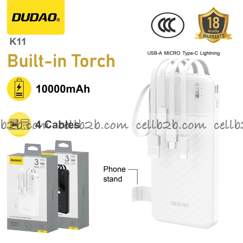 *Power bank con cuatro cables, soporte y luz, 10000mAh  blanco – DUDAO K11