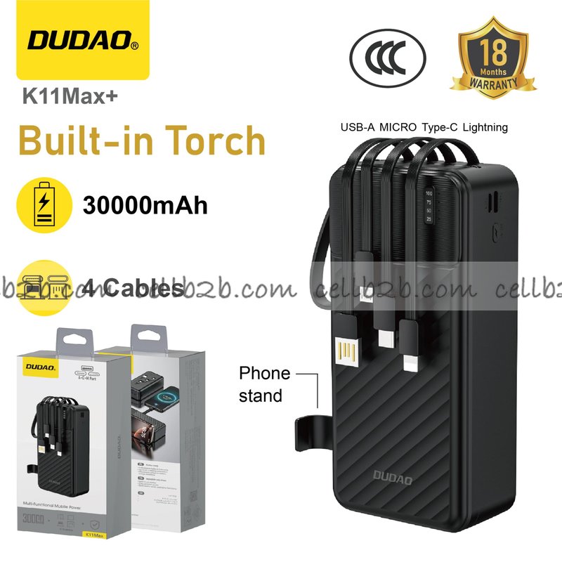 *Power bank 30000mAh con cuatro cables, soporte y luz negro – DUDAO K11Max