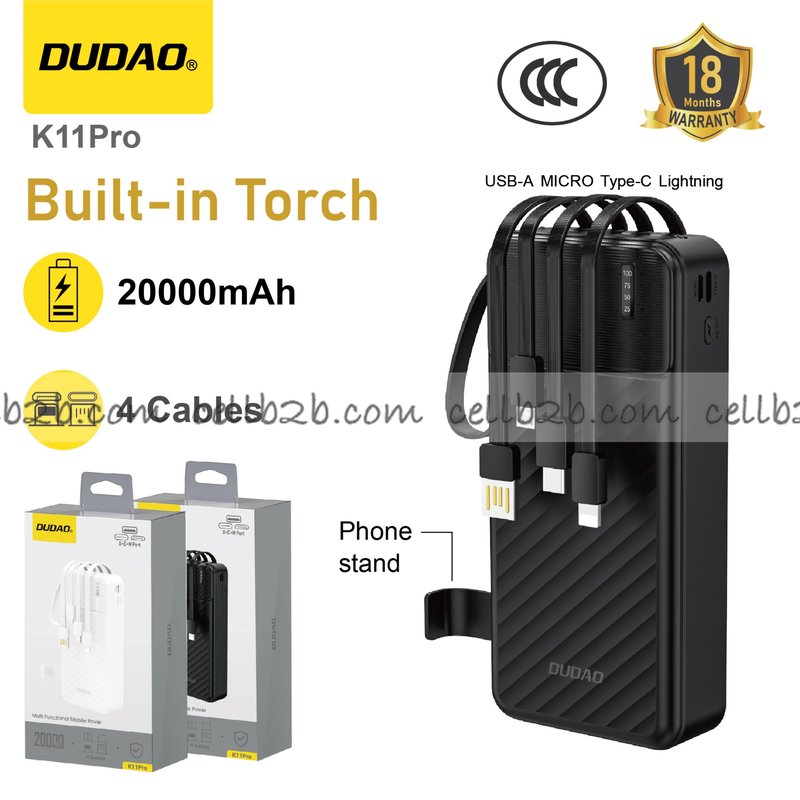 *Power bank con cuatro cables, soporte y luz, 20000mAh negro – DUDAO K11Pro