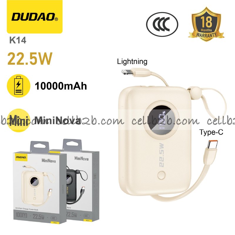 *Mini power bank con doble cable, 22.5W y 10000mAh  blanco – DUDAO K14