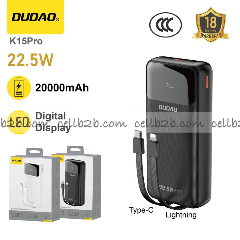 *Doble cable con carga rápida, 20000mAh, pantalla digital negro – DUDAO K15Pro