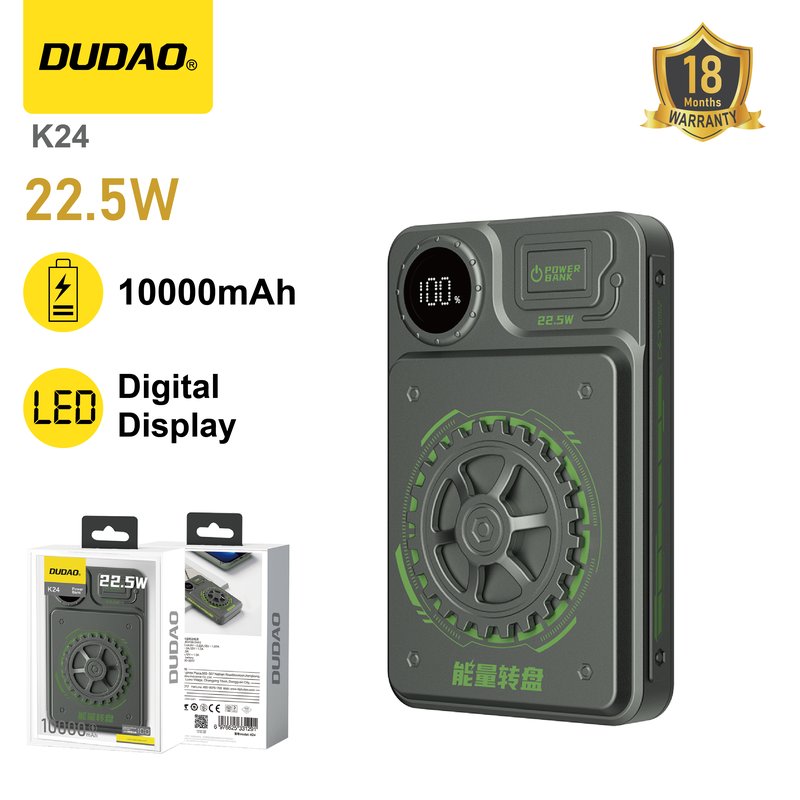 *Power Bank 10000mAh con Disco Giratorio Antiestrés, Carga Rápida 22,5W y PD 20W, Pantalla LED, Entrada USB-C y Lightning - DUDAO K24