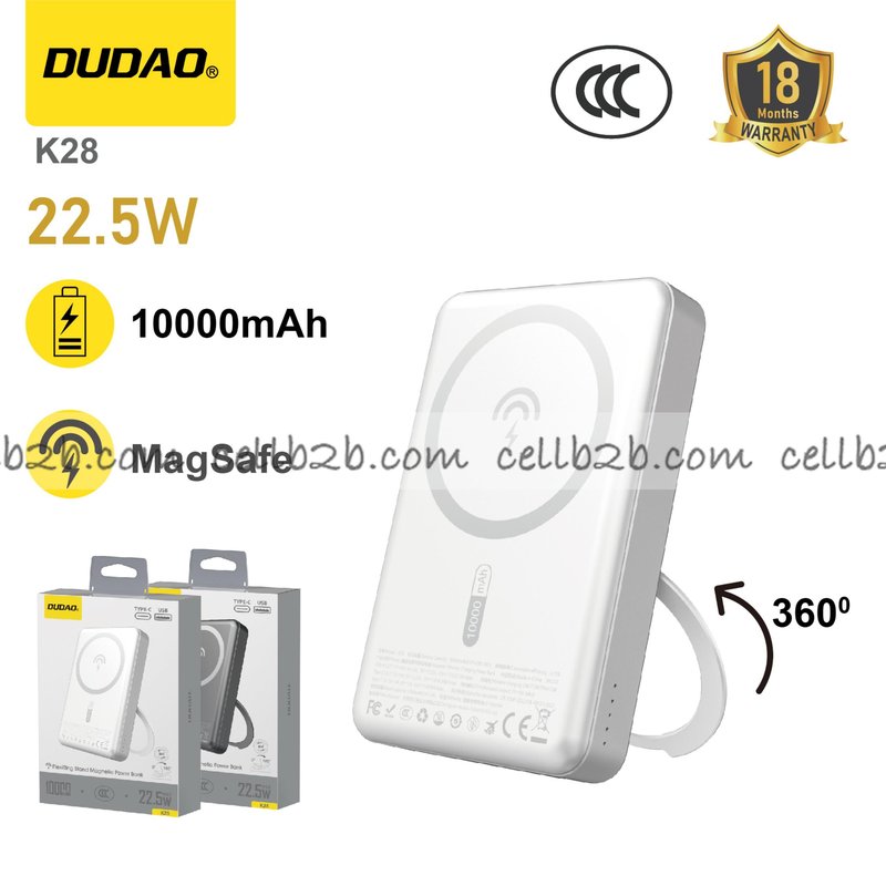 *Carga inalámbrica magnética + 22.5W, soporte ajustable, 10000mAh plateado– DUDAO K28