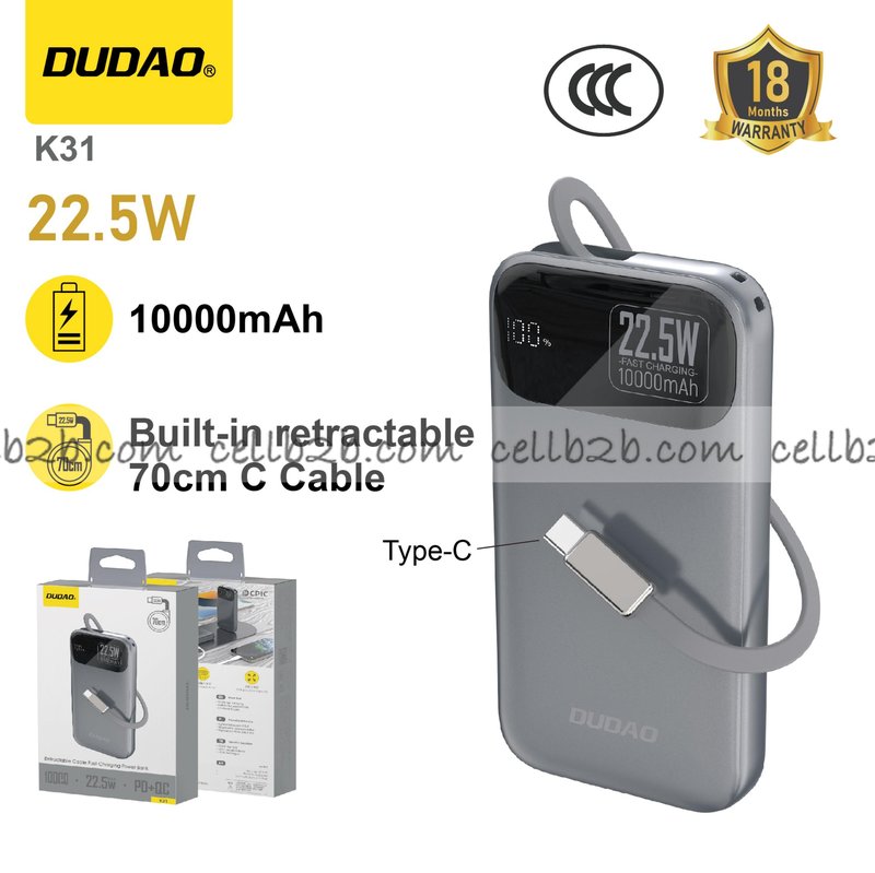 *Cable retráctil 70cm, carga rápida 22.5W, ultradelgado y portátil gris grafito– DUDAO K31