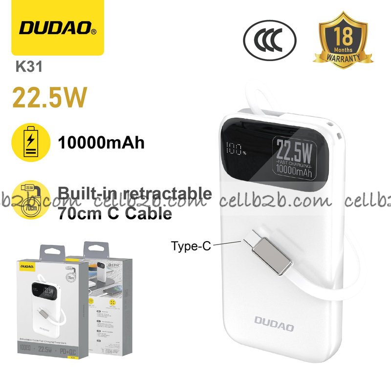 *Cable retráctil 70cm, carga rápida 22.5W, ultradelgado y portátil  blanco – DUDAO K31