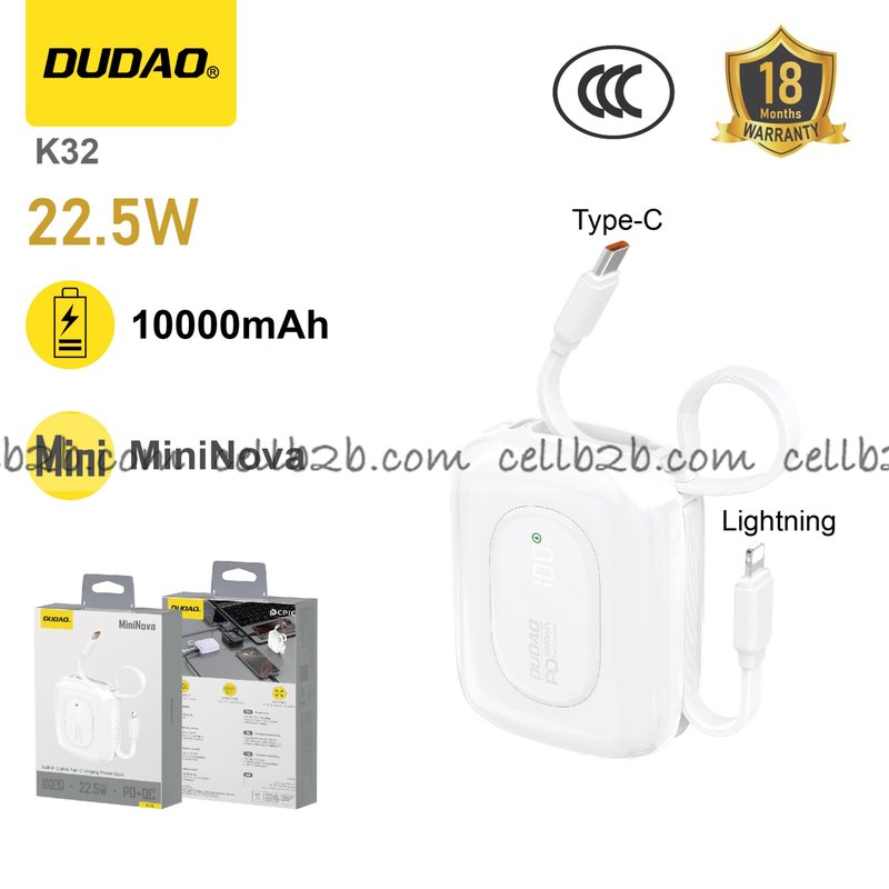 *Mini power bank con doble cable, 22.5W, triple salida y 10000mAh  blanco – DUDAO K32