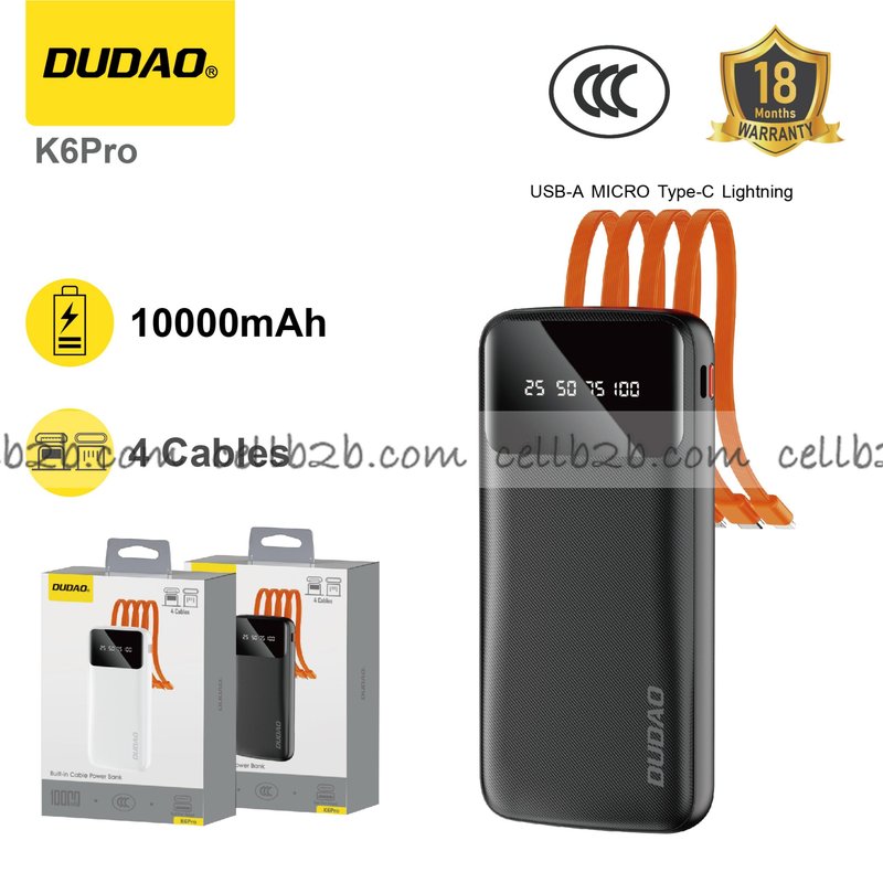 *Power bank con cuatro cables integrados, carga hasta 4 dispositivos, 10000mAh negro – DUDAO K6Pro