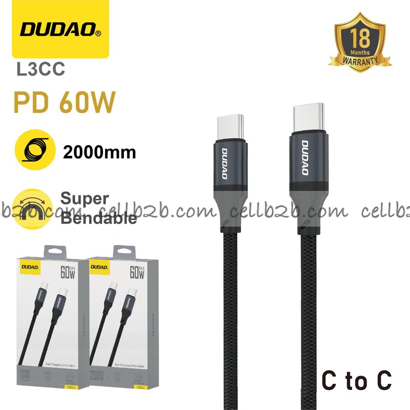 *Cable USB-C a USB-C PD 60 W, carga rápida, 2 m, nylon trenzado, resistente a dobleces y duradero – DUDAO L3CC