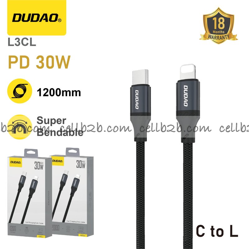 *Cable USB-C a Lightning PD 30 W, carga rápida, 1.2 m, nylon trenzado, resistente a dobleces y duradero – DUDAO L3CL 1.2m