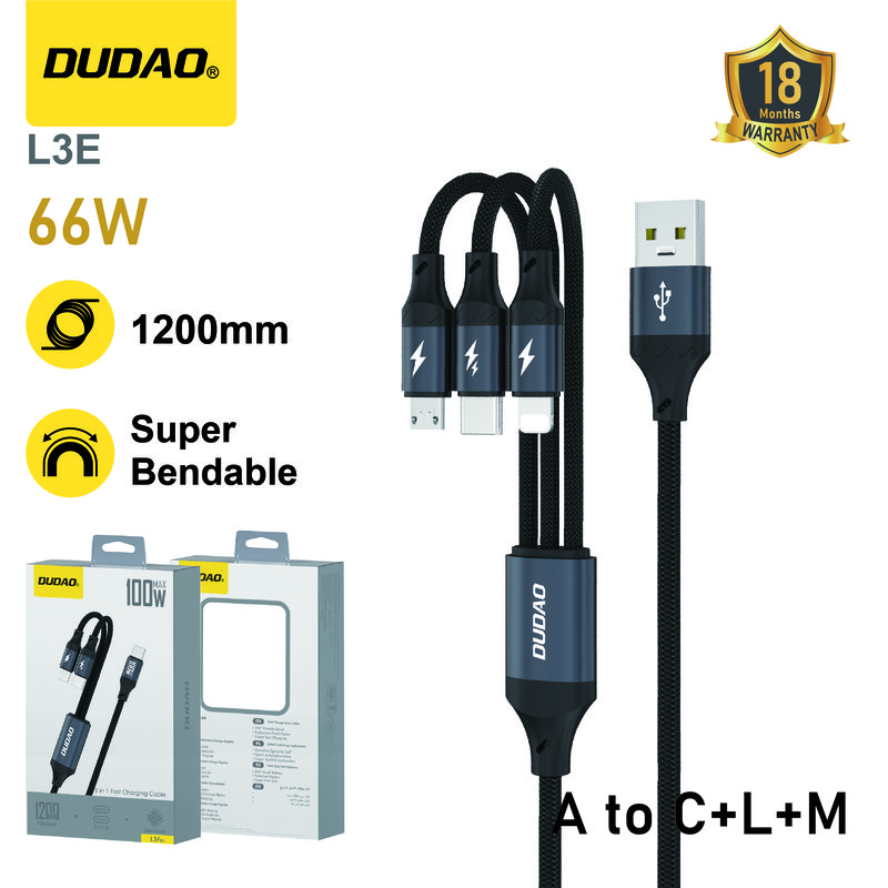 *Cable 3 en 1 de carga rápida 60W, USB-A a Micro USB + USB-C + Lightning, compatible con múltiples dispositivos, diseño práctico todo en uno – DUDAO L3E
