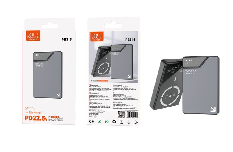Ellietech PB315 PowerBank PD 22.5W con Carga Inalámbrico 15W + Cable Tipo C a USB-A 10000mAh