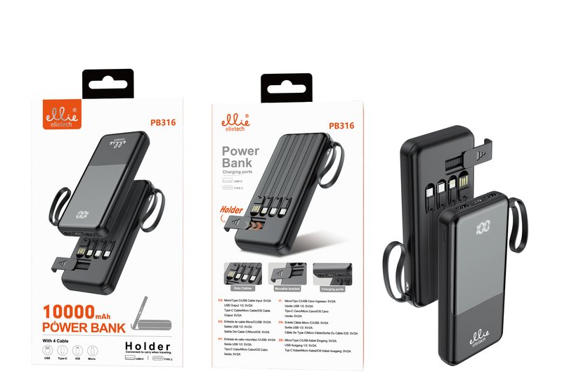 Ellietech PB316 Batería Externa Portatil con 4 Data Cables 10000mAh 5V/2A