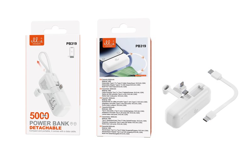 Ellietech PB319 PowerBank 5000mAh con Conector Lightning iOS con Cable Tipo C a Tipo C