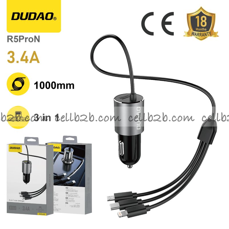 *Cargador de coche 3.4A con cable 3 en 1 integrado Lightning/Micro/Type-C, cable de 1 metro, salida estable – DUDAO R5ProN