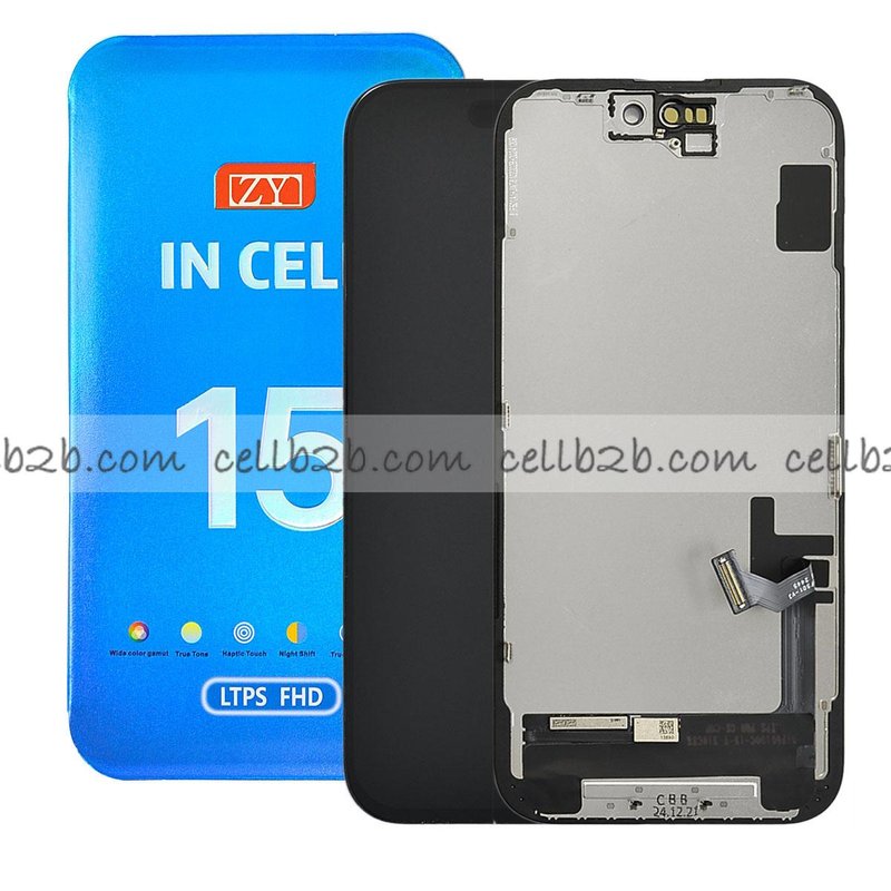 Pantalla iPhone 15 ZY FHD-COF 1080p INCELL LCD+Táctil Negra Completa (Control IC Reemplazable)