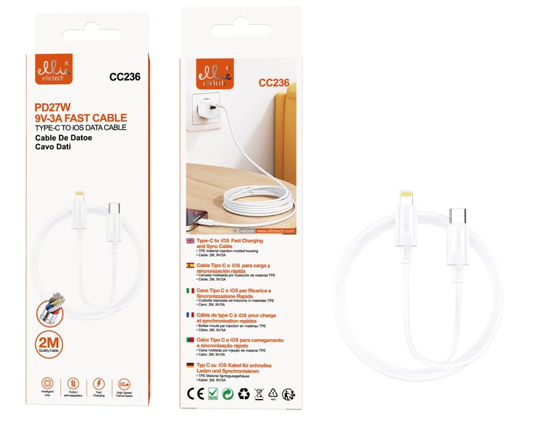 Ellietech CC236 Cable de Dato Tipo-C a iOS Lightning Carga Rápida 2M PD27W