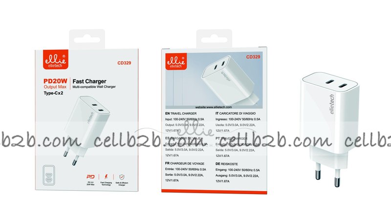 Ellietech CD329 Cargador Tipo C + Tipo C PD 20W sin Cable